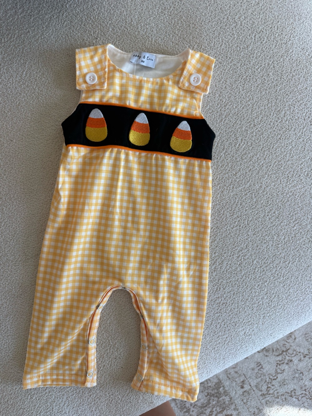 Yellow Gingham Candy Corn Pocket Romper by Lilly & Em